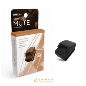 D'Addario Spector Mute for violin shown with its packaging and a separate black mute, used to dampen violin sound for quiet practice.