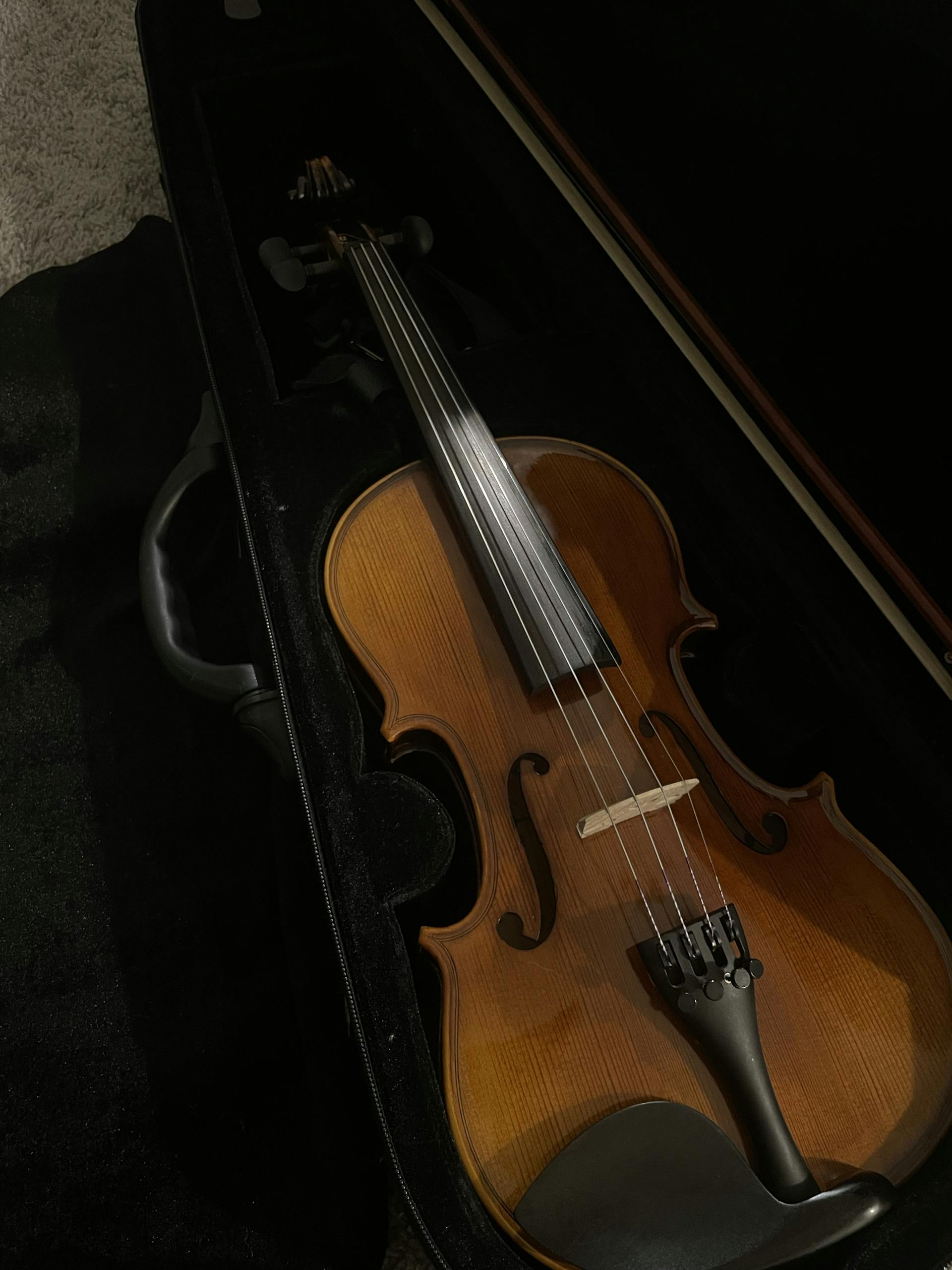 Detailed close-up of a violin resting in its black case highlighting its craftsmanship.