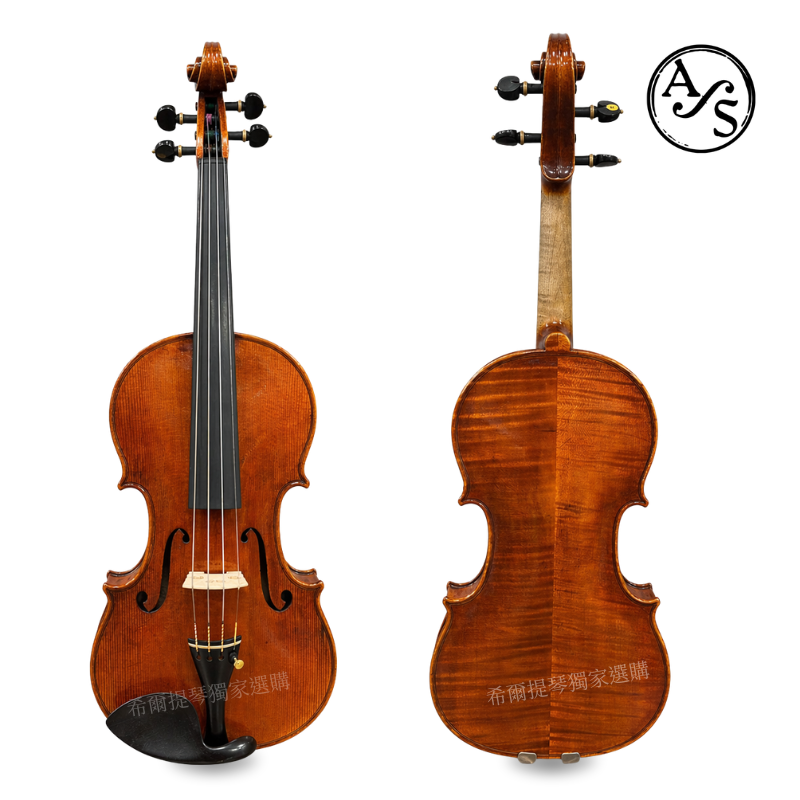 ADRIANO SPADONI 2019 | 希爾提琴 HEL Violins Front and back views of a polished wooden violin on a white background, with an 'AS' circular logo in the top-right corner.