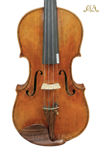 Full-length cello with warm varnish and visible f-holes, photographed head-on on a white background; logo in the top-right corner.