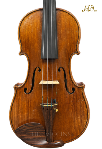 Front view of a polished violin showing f-holes, bridge, strings, and chin rest, with a subtle watermark in the corner.