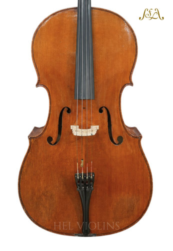 Front view of a classical violin on a white background, showing the body, f-holes, bridge, strings, and tailpiece; watermark 'HEL VIOLINS' near the bottom.