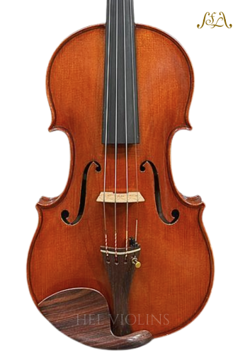 Front view of a violin showing f-holes, bridge, strings, and chin rest on a wooden brown body.