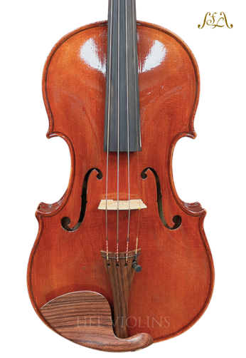Full view of a polished wooden violin with four strings and f-holes against a white background.