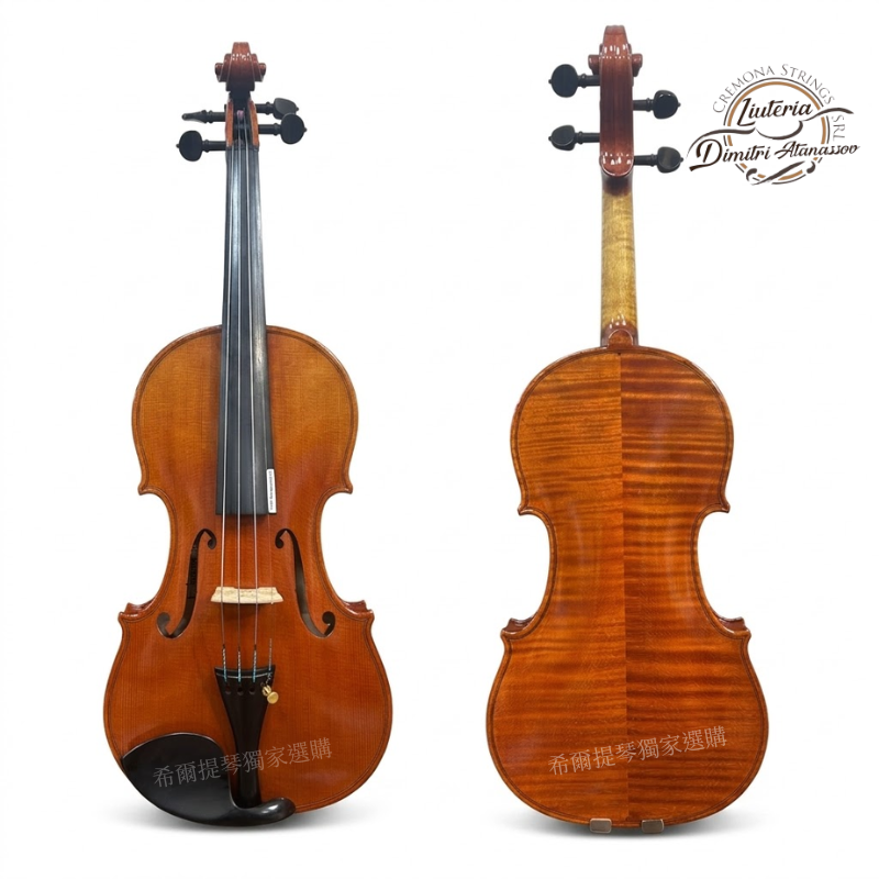 Dimitri Atanassov 2019 Violin | 希爾提琴 HEL Violins Two violins shown from front (left) and back (right), highlighting wood finish and craftsmanship