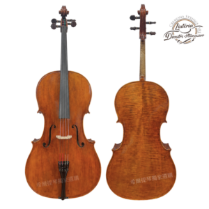 Front and back views of two wooden cellos, left showing neck and strings, right revealing a flamed back with logo in the corner.
