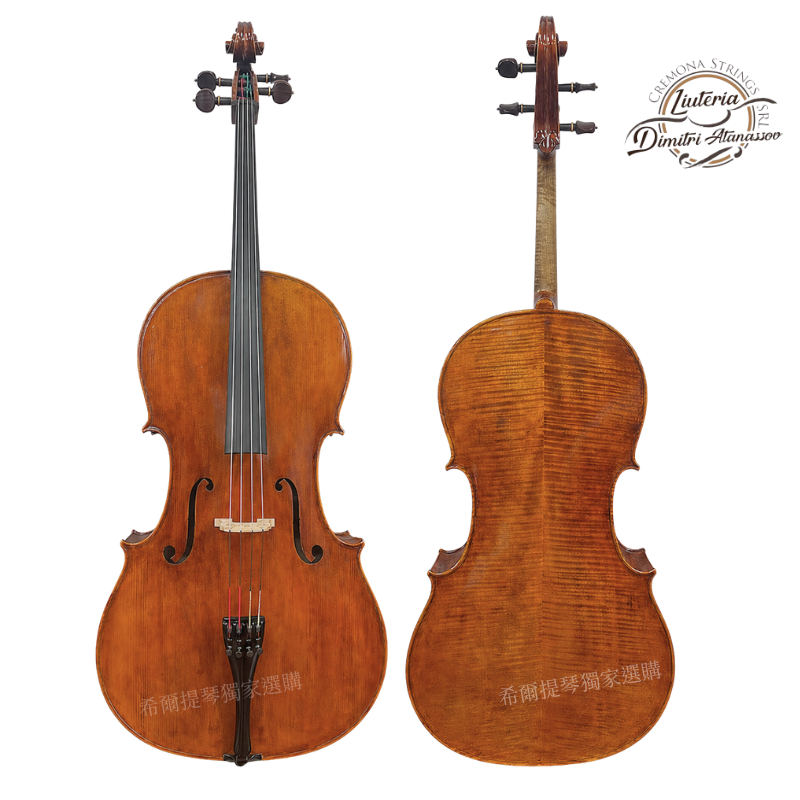 Dimitri Atanassov 2022 Cello | 希爾提琴 HEL Violins Front and back views of two wooden cellos, left showing neck and strings, right revealing a flamed back with logo in the corner.