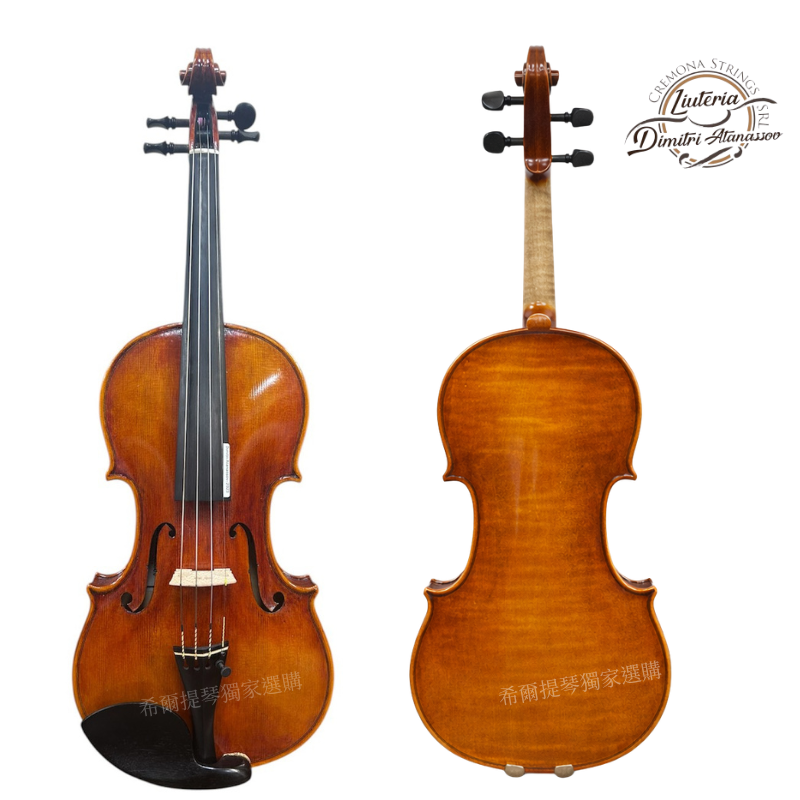 Dimitri Atanassov 2023 Violin | 希爾提琴 HEL Violins Two violins side by side showing front (left) and back (right) views on a white background, with a logo in the top-right corner.