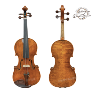 Two violins shown front and back on a white background, with a logo watermark in the top right.
