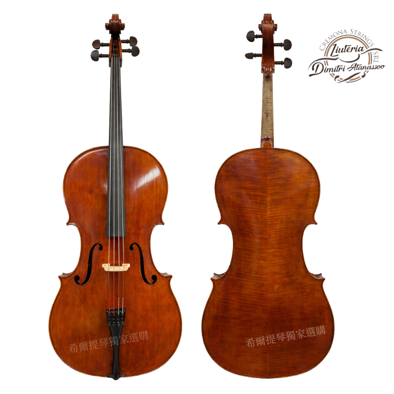 Dimitri Atanassov 2024 | 希爾提琴 HEL Violins Front and back views of a polished violin; left shows the front with f-holes, bridge, and tailpiece, right shows the back with wood grain and scroll; circular logo in top-right corner.
