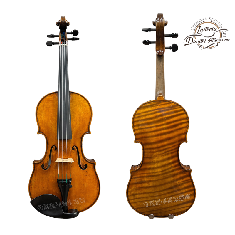 Dimitri Atanassov 2025 Violin | 希爾提琴 HEL Violins Two violins displayed side by side on a white background, front view on the left showing strings and bridge, back view on the right highlighting flame maple back; a circular logo appears in the top-right corner.