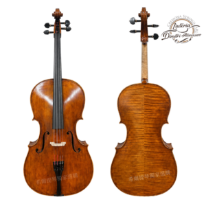 Two violins displayed side by side—front view on the left with strings, bridge, and f-holes; back view on the right shows the flame maple back and neck, with a circular logo watermark in the top-right corner.
