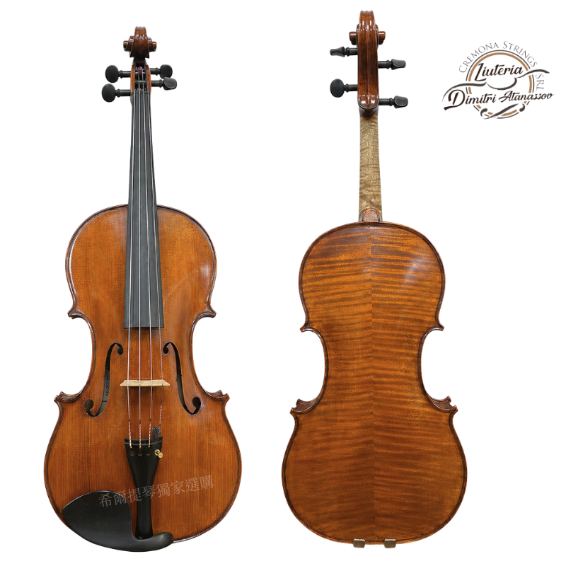 Dimitri Atanassov Viola 2018 | 希爾提琴 HEL Violins Front-left view of a violin and back-right view of a second violin on a white background, with a circular logo in the top-right corner.