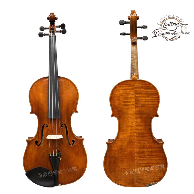 Dimitri Atanassov Viola 2024 | 希爾提琴 HEL Violins Front and back views of a violin against a white background; left shows the front with strings and f-holes, right shows the back of the instrument.