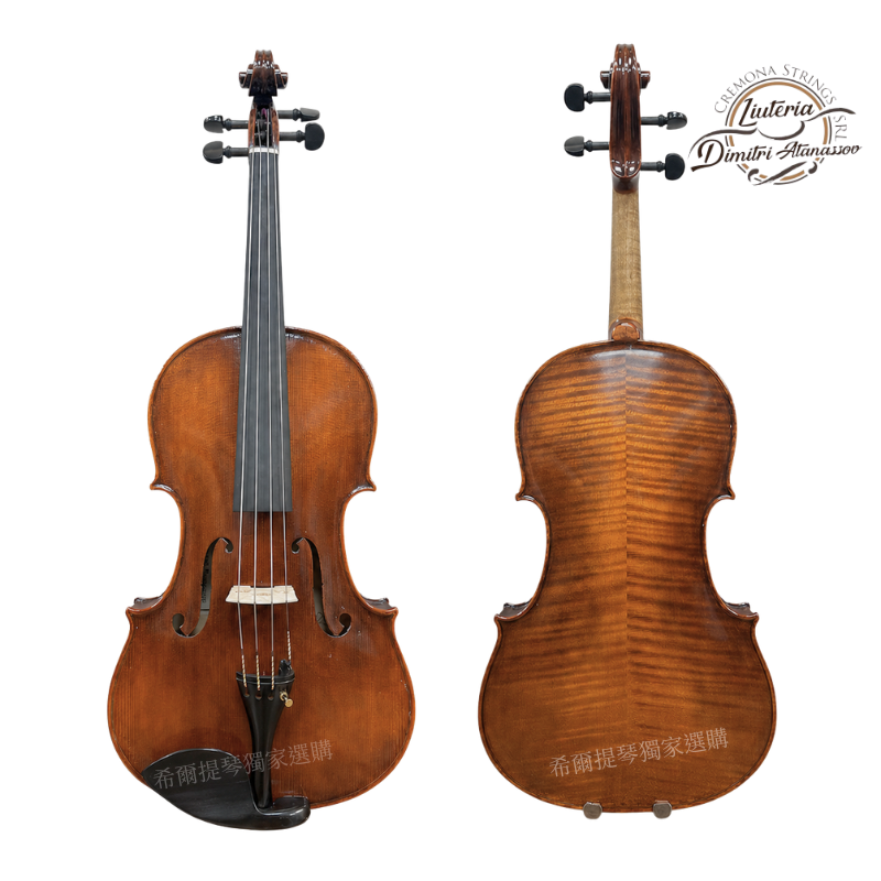 Dimitri Atanassov Viola 2025 | 希爾提琴 HEL Violins Two violins shown from front and back: left violin with brown varnish, strings, bridge, and chin rest; right violin back displays flame maple; logo in the upper right.