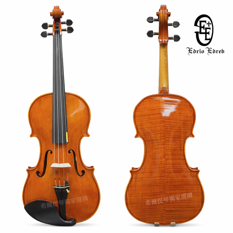 Edrio Edrev Viola 2021 405mm Omati | 希爾提琴 HEL Violins Front and back views of a violin on a white background, showing glossy wood finish, f-holes, and chin rest; logo in the top-right.