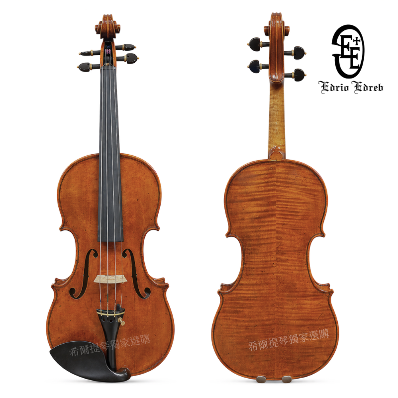 Edrio Edrev Violin 2021 | 希爾提琴 HEL Violins Two violins shown side by side, front and back views, showcasing the instrument's glossy orange-brown finish and strings vs. back grain with a logo in the upper right corner.