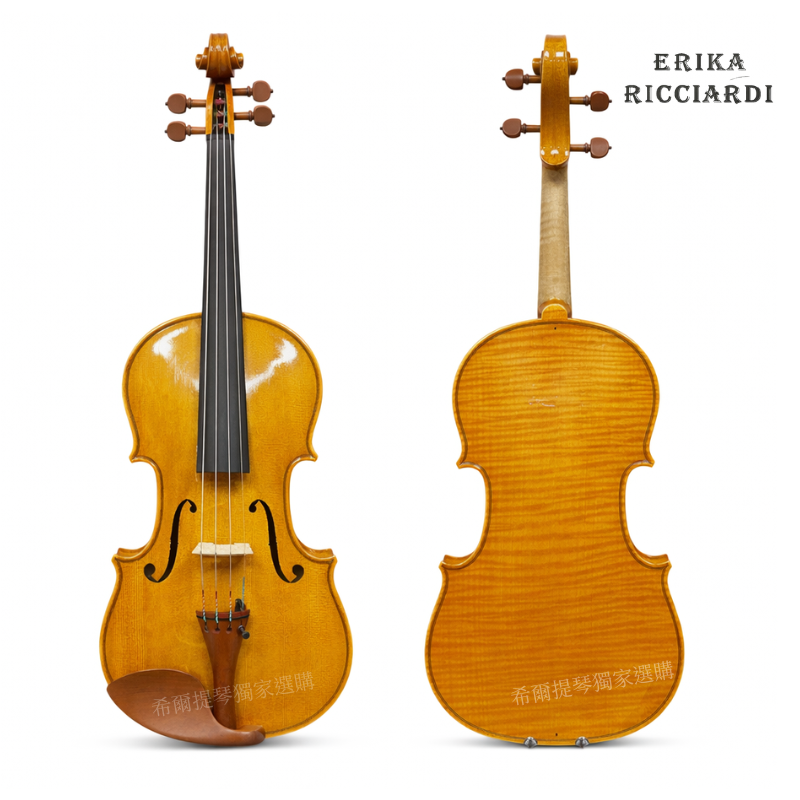 Erika Ricciardi | 希爾提琴 HEL Violins Front and back views of a wooden violin on a white background; left shows strings and chin rest, right shows the back with flame maple finish.