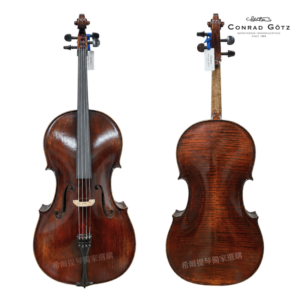 Two violins shown side by side, front and back views, in dark brown varnish; front displays f-holes and strings, back shows flame maple wood; brand logo in top-right corner.