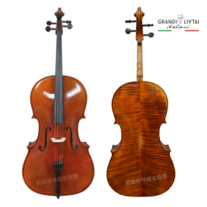Two violins shown side by side: front view on the left with f-holes and bridge, back view on the right showing flame maple back; logo text in upper right reads Grandi Livai Italiani.