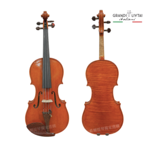 Front and back views of two violins on a white background; left shows strings, f-holes, and bridge, right shows the back with wood grain and neck; brand logo in the top-right corner.