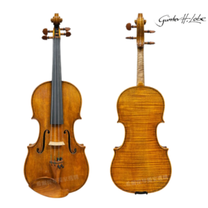 Two violins on a white background, left is the front view with F-holes and strings, right is the back view showing flame maple wood and scroll.