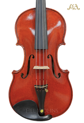 Full view of a polished wooden violin with strings, bridge, f-holes, and chin rest on a white background.