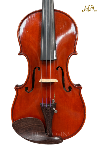 Full view of a polished reddish-brown violin with bow resting along the neck and f-holes visible on a white background.