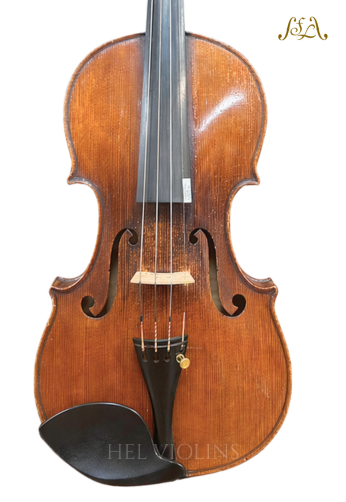 Full view of a brown cello on a white background, showing the bridge, f-holes, strings, and endpin.