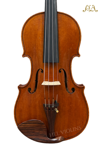 Front view of a violin showing the body, strings, bridge, and tailpiece with a chinrest; watermark reads HEL VIOLINS.
