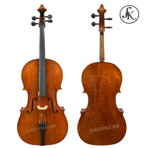 Front and back view of a polished cello in a warm brown finish; front shows f-holes, bridge, and tailpiece, back reveals flame maple; circular JK logo in the top-right corner.