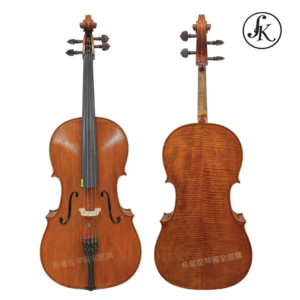 Two violins shown from the front and back on a white background, with a circular JK logo in the top-right corner.
