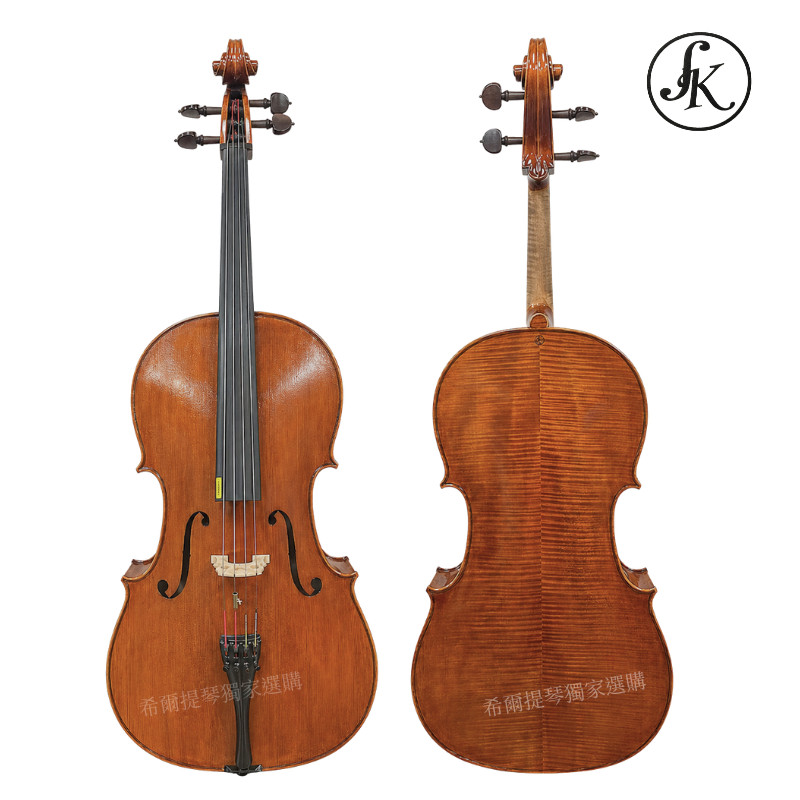 Julia Klotz Cello 2025 | 希爾提琴 HEL Violins Two violins shown from the front and back on a white background, with a circular JK logo in the top-right corner.