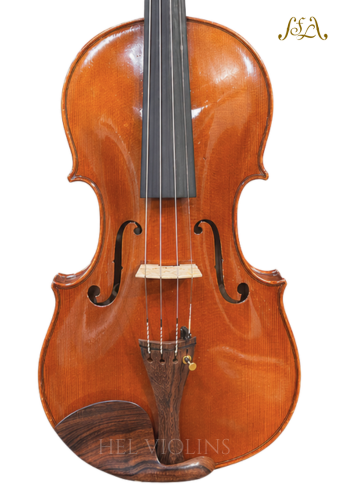 Front view of a polished violin showing strings, bridge, f-holes, and chin rest with a watermark reading HEL VIOLINS at the bottom.