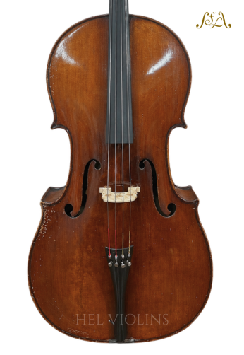 Front view of a violin with reddish-brown varnish, showing f-holes, bridge, strings, and tailpiece on a white background