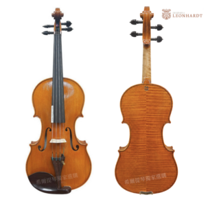 Two violins displayed side by side, showing front and back views against a white background.