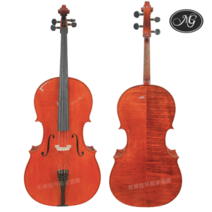 Front and back views of an orange violin with f-holes, bridge, and an NG logo in the top-right corner.