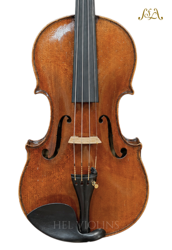 Front view of a full-sized violin on a white background, showing the f-holes, bridge, strings, and tailpiece.