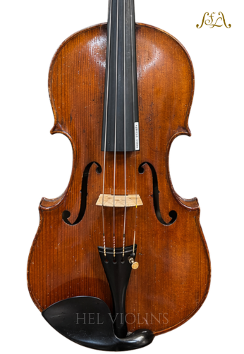 Full view of a wooden cello with an orange-brown finish, showing f-holes, strings, bridge, tailpiece, and endpin against a white background.
