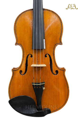 Violin with a warm brown body, black chin rest, four strings, and F-holes visible, photographed against a white background.
