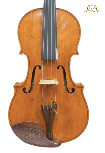 Violin with orange-brown varnish, strings, bridge, and f-holes on a white background.