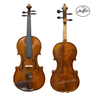 Two violins shown side by side on a white background, front view left and back view right, with a Heffler logo in the top-right corner.
