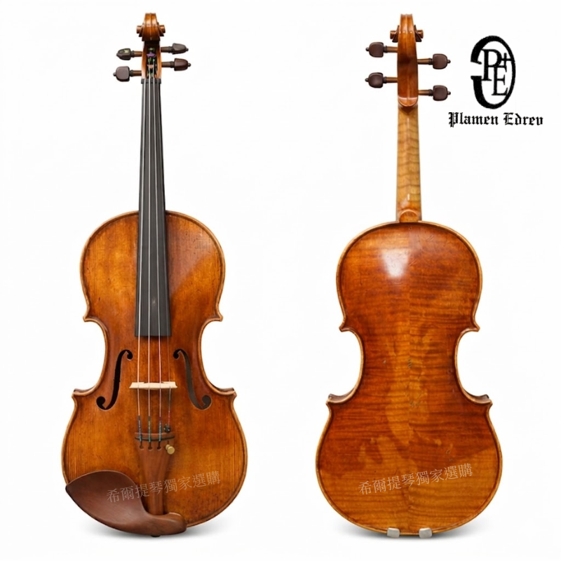 Plamen 2023 | 希爾提琴 HEL Violins Front and back view of two polished violins against a white background, showing neck, f-holes, and bridge with watermark text at bottom edge.