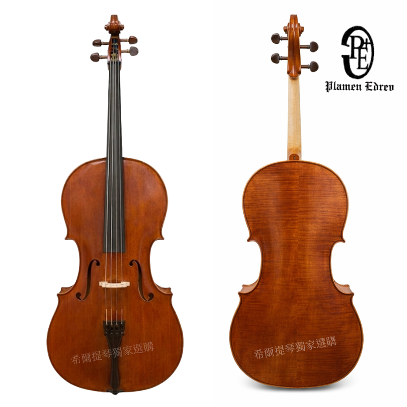 Plamen Cello 2025 | 希爾提琴 HEL Violins Two violins shown from the front and back against a white background; left is the front view with strings and f-holes, right shows the back with wood grain and neck. logo top right.