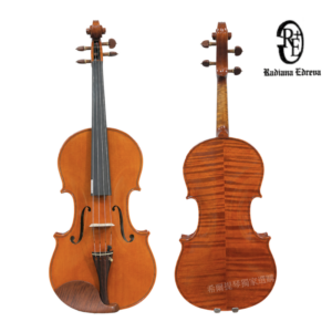 Front view of a polished wooden violin with f-holes, bridge, tailpiece, and bow pegs; placed beside its back showing flame maple back, plus a logo in the top-right corner.