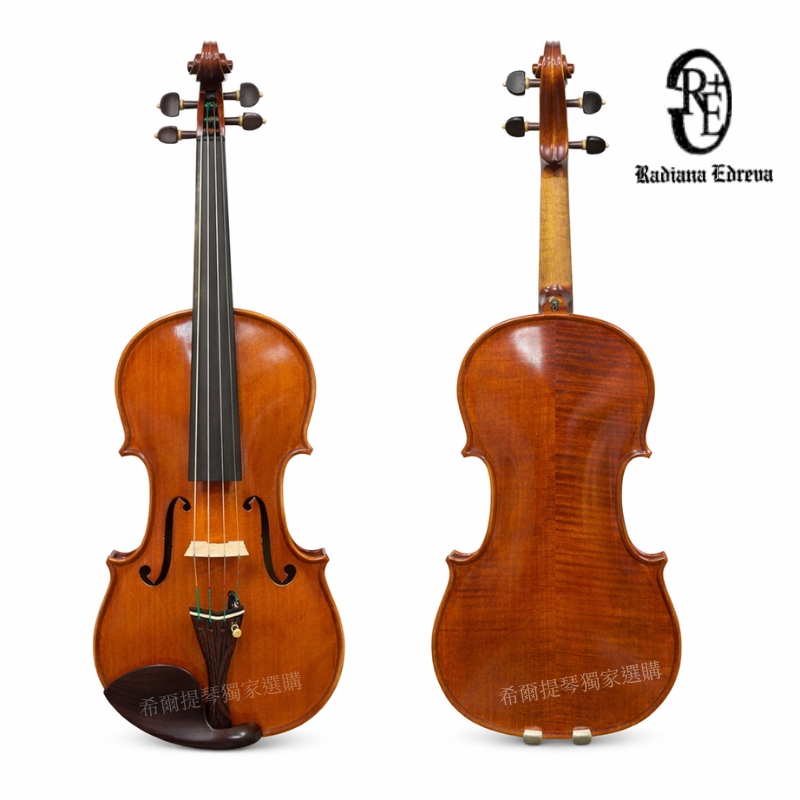 Radiana Edreva 2023 | 希爾提琴 HEL Violins Front and back view of two polished violins displayed against a white background, with a maker's logo in the top-right corner.