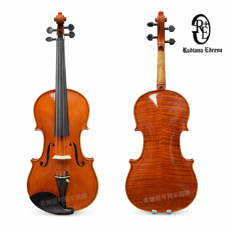 Radiana Viola 2021 16 | 希爾提琴 HEL Violins Two violins shown side by side: front view on the left with strings, f-holes, and chinrest; back view on the right displays the flame maple back and neck, with a logo watermark upper right.