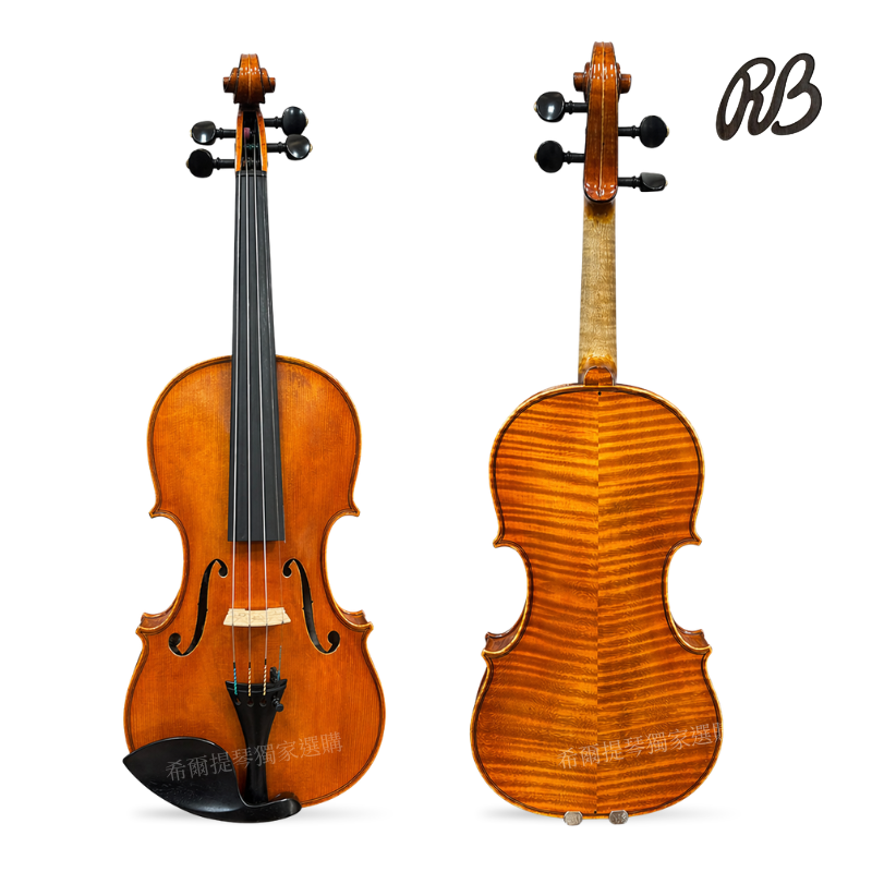 Riccardo Bergonzi Cello 2015 FGarimbert | 希爾提琴 HEL Violins Two violins shown front and back against a white background; left shows f-holes and bridge, right reveals the striped flame maple back (OB logo in corner).
