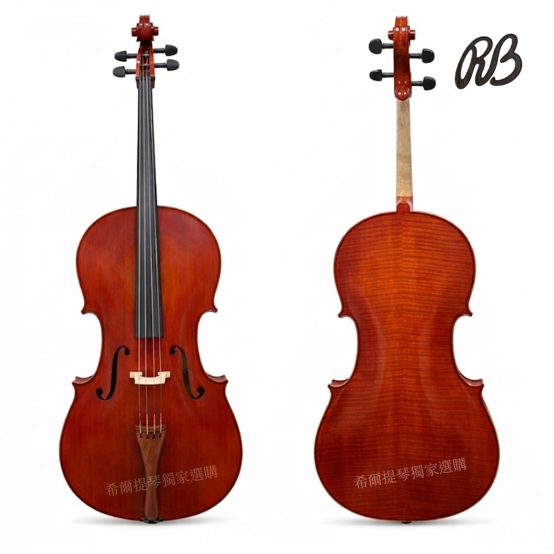 Riccardo Bergonzi Cello 2018 JStarker 4 | 希爾提琴 HEL Violins Two violins shown side by side on a white background; left violin displays the front with strings and f-holes, right violin shows the back with wood grain and a light neck.
