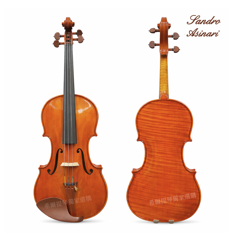 Front and back views of a polished violin on a white background, with a cursive 'Sandro Asinari' logo in the top right.
